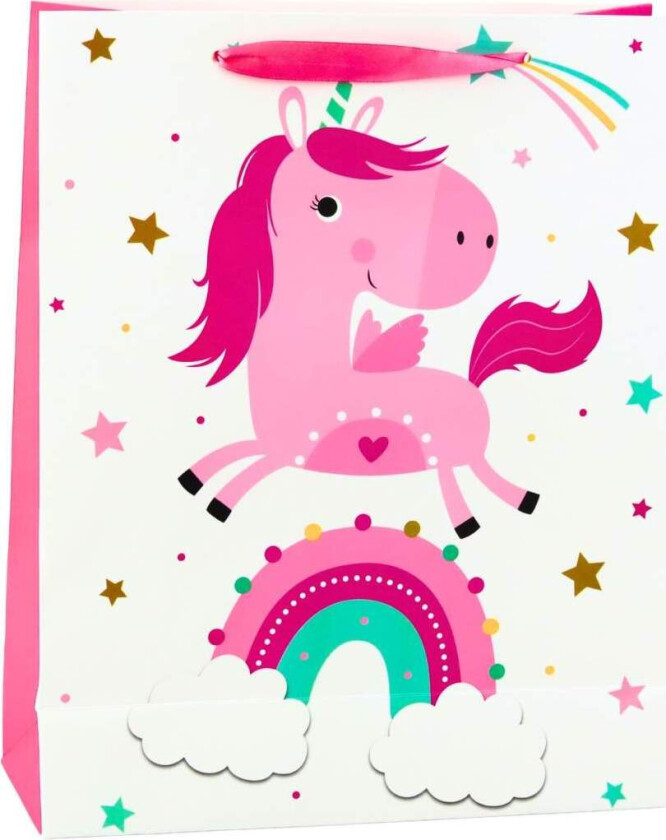 Unicorn Rainbow Rosa gavepose for barn 32x26x10cm