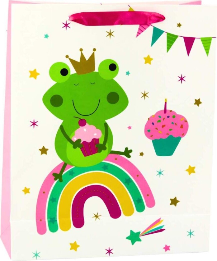 Gavepose frosk med krone, regnbuehvit rosa, 32x26x10cm