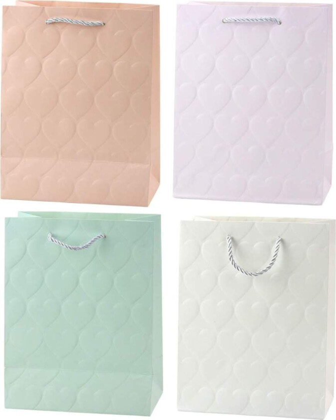 Gavepose med pregede hjerter, pastell, 23 x 18 x 10,5 cm