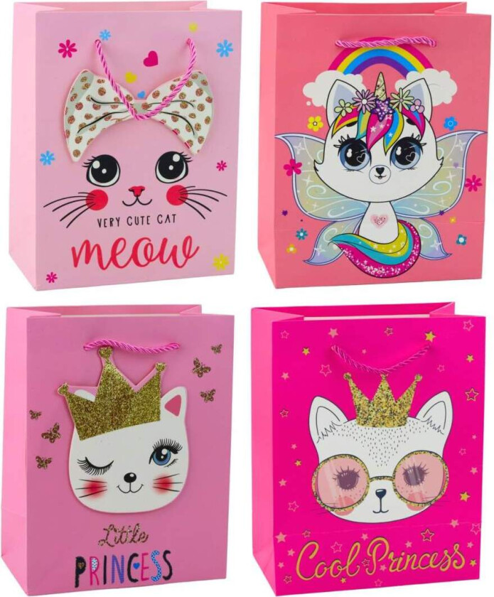 Rosa Glitter Cat Papir Gavepose, 23 x 18 x 10,5 cm