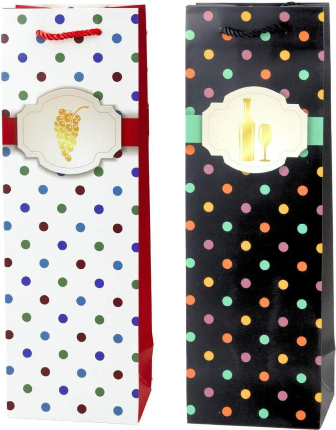 Vinflaske gavepose, prikkete, 35 x 12 x 9 cm