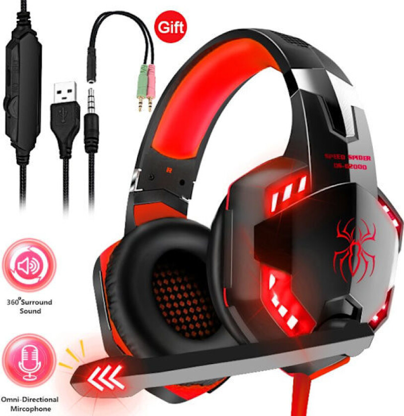 Gaming Headset Over-Ear med mikrofon, kablede hodetelefoner for PC PS4 Xbox Rød utg.