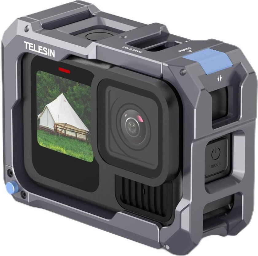 Metallbur for GoPro Hero 9???13 ??? Aluminium, Cold Shoe, magnetisk sidedeksel ??? Svart