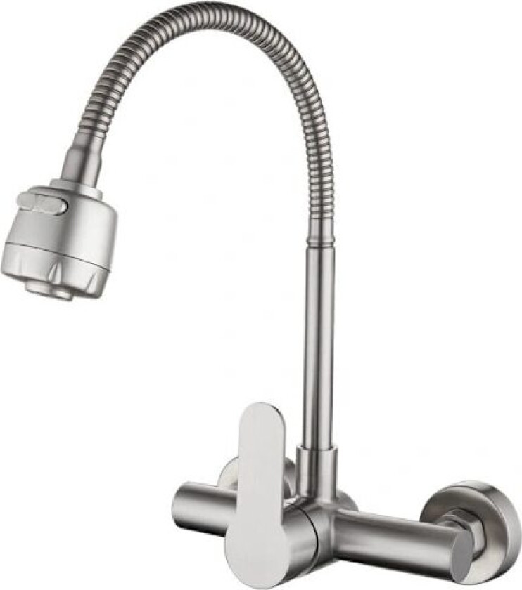 QU-Kjøkkenkran Veggmontert Blandebatteri 304 Rustfritt Stål 360° Roterbar Benkeplatekran To Vannutløpsmetoder med Fleksibel Slange