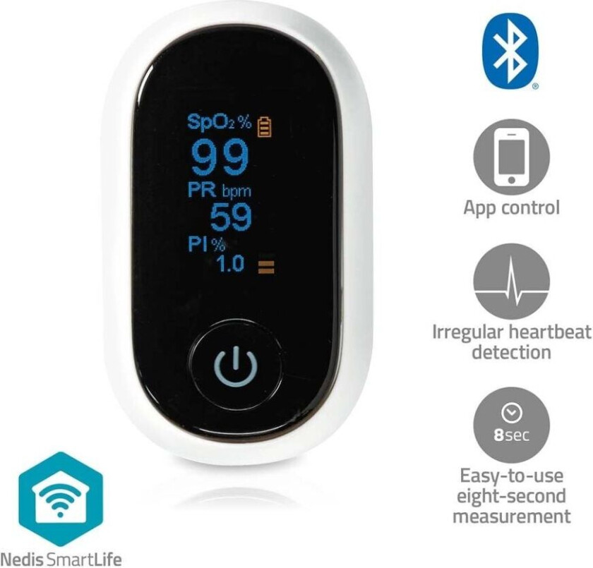 Bilde av SmartLife Pulsoksymeter   Bluetooth   OLED-Skjerm   Anti-bevegelse interferens / Auditiv alarm / Oksygenmetning (SpO2) / Perfusjonsindeks / Puls / Sen