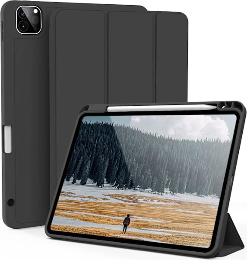 Svart, beskyttende deksel for iPad Pro 11-tommer (18/20/21/22), med pennholder, ultratynt tri-fold smart deksel, støtter penn