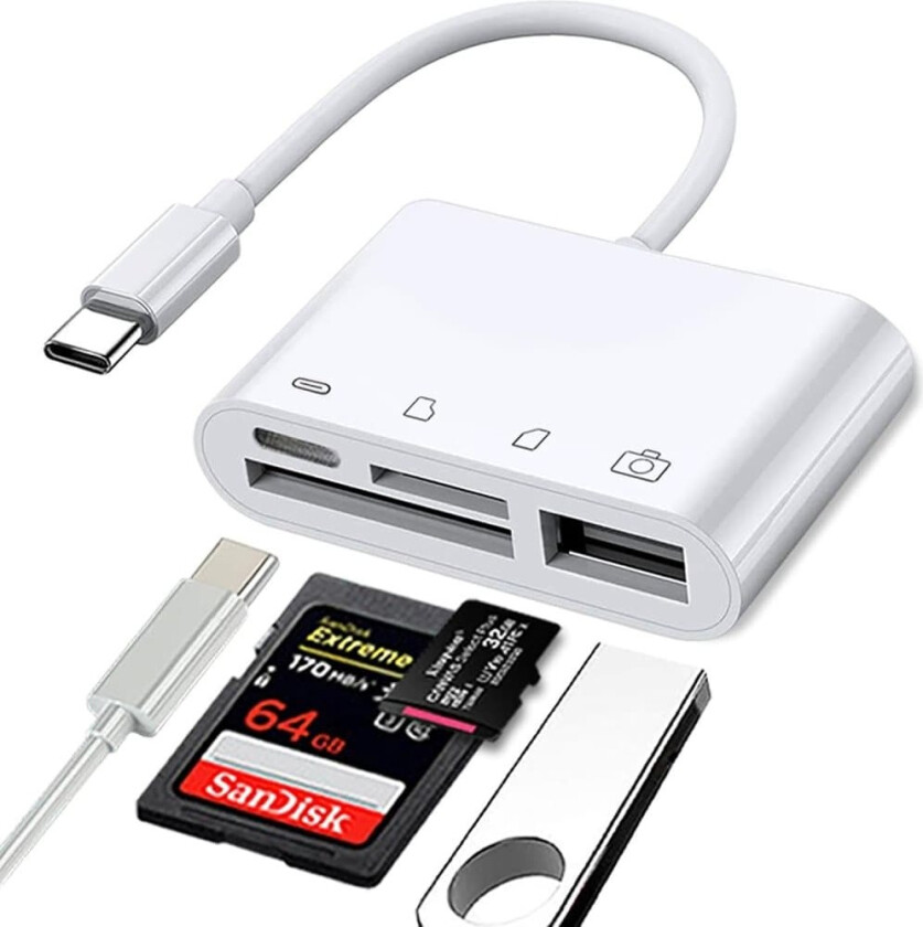 NÖRDIC USB-C kortleser 2 spor SD, MicroSD 1xUSB-A 1xUSB-C UHS-I