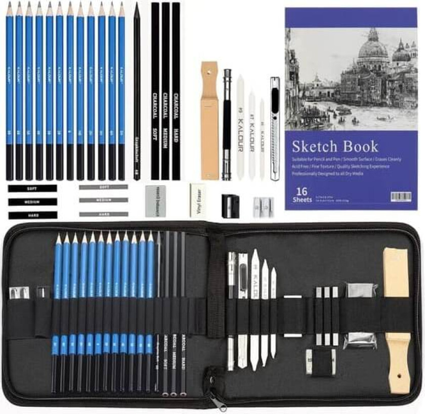 Bilde av 35-delers skissesett med skisseblokk – kullblyanter, skisseblyanter, kullstifter, blyantspisser, viskelær og kunstnermateriell for barn og voksne