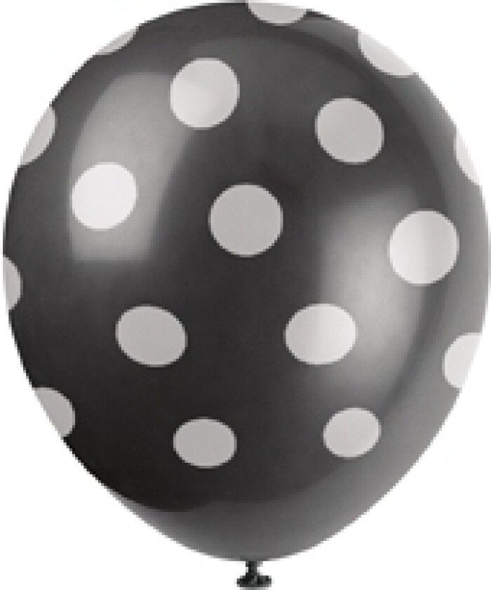 Svarte ballonger med hvite prikker, 6 stk