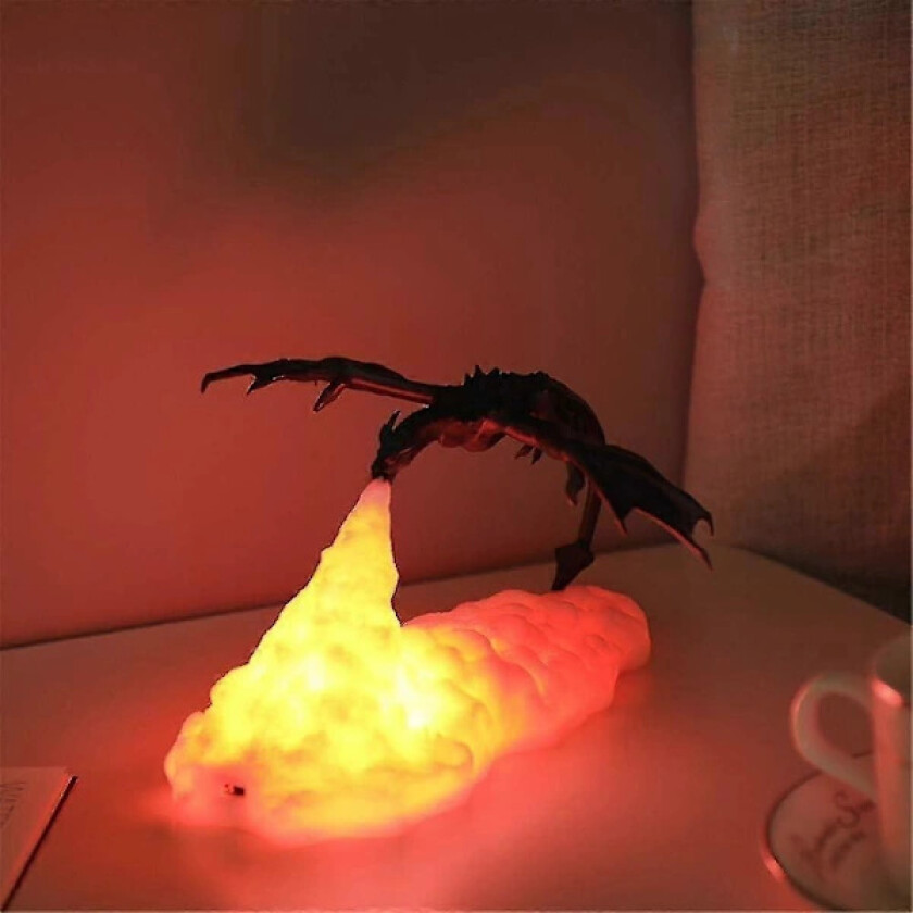 3D Ildsprutende Nattlampe Drage, 3D-printet Flamme Dinosaurlampe Stemningslys USB Oppladbar, f