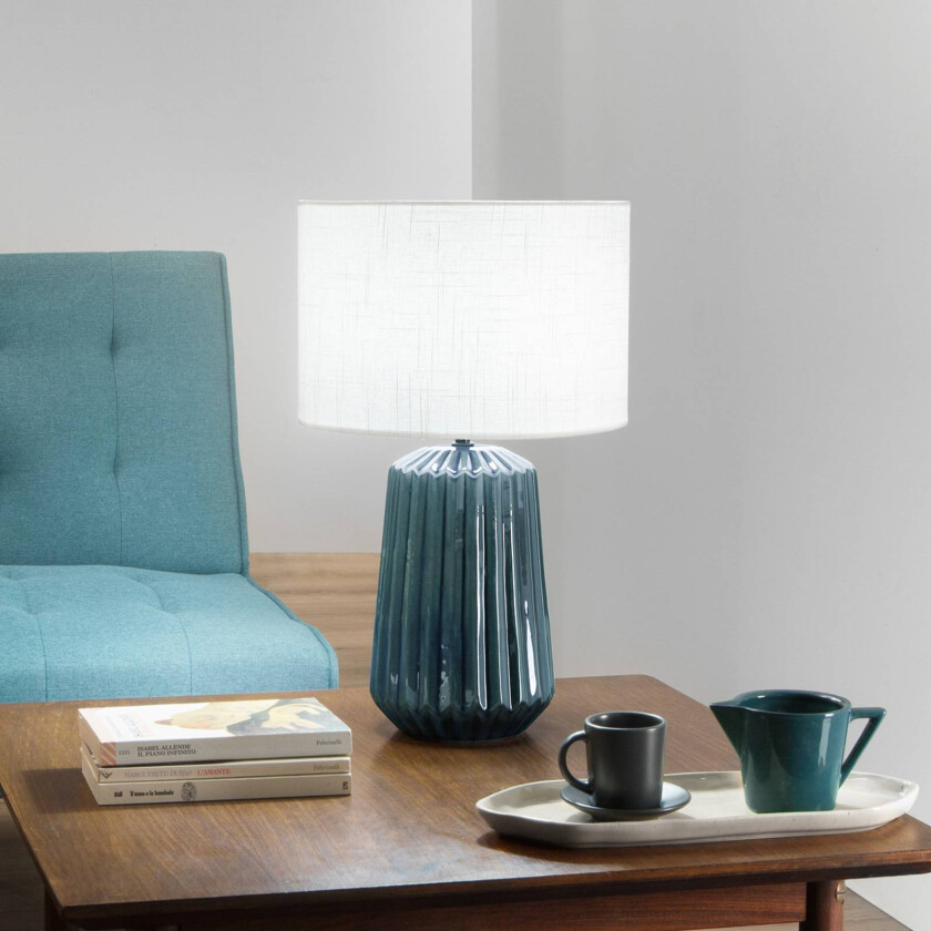 Bordlampe Kiowa, høyde 46 cm, blå/hvit, keramikk/stoff