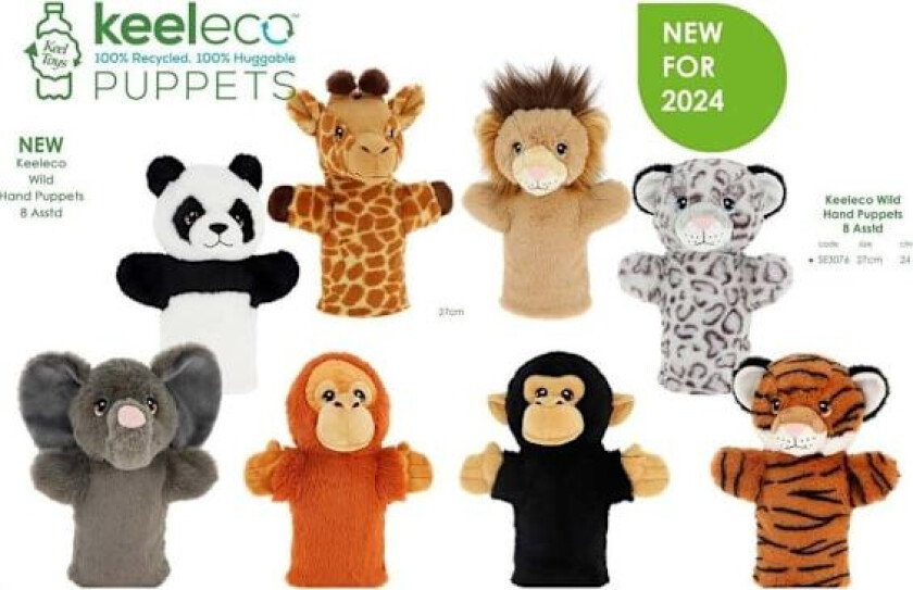 Keel Toys hånddukke ville dyr 27 cm 8 forskjellige