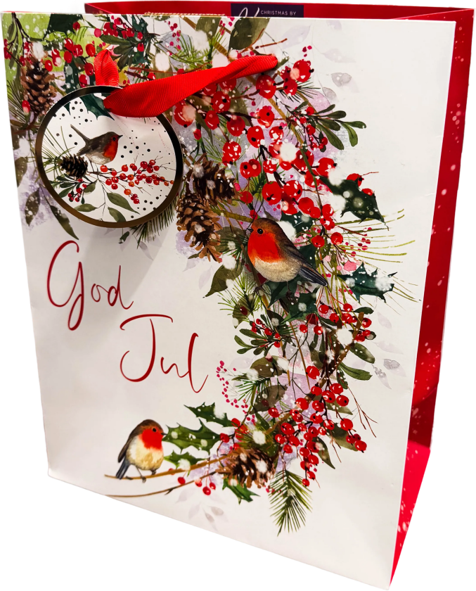 Gavepose julekrans/fugl M hvit/rød