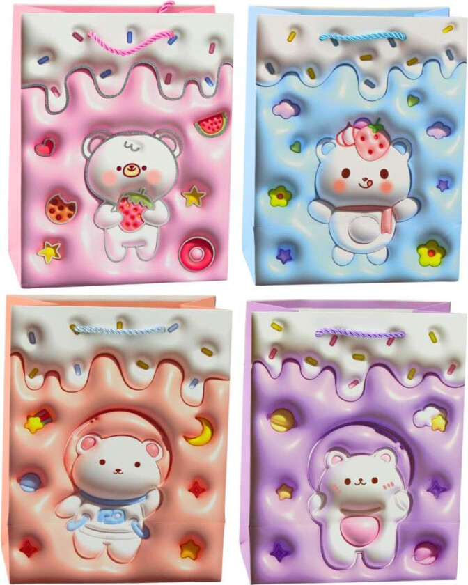 Gavepose, Papir, Pastell Bear Design, 23 x 18 x 10,5 cm