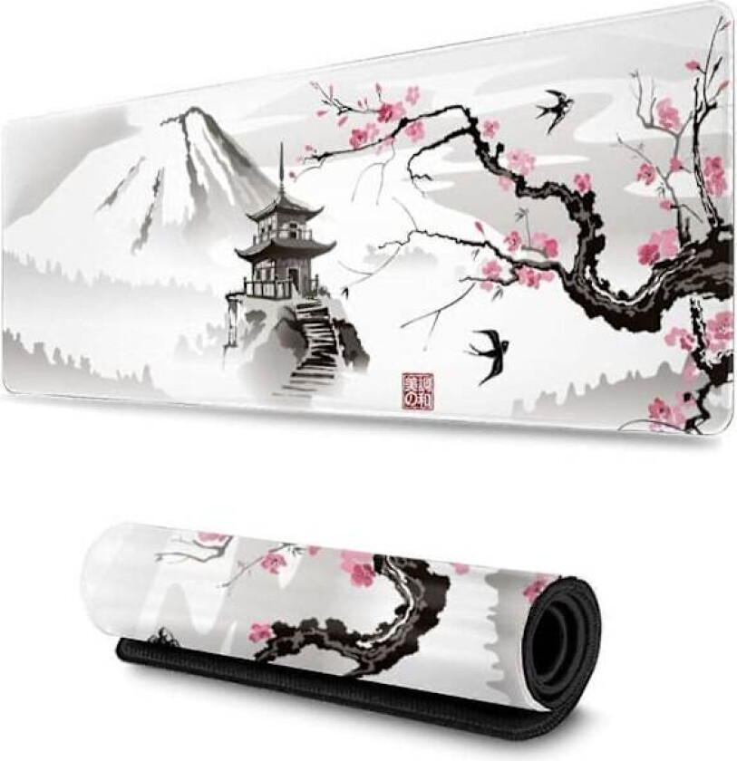 Hvit Japansk Kirsebærblomst XL Gaming Musematte, Stor Utvidet, Sydde Kanter, Lang Sklisikker Gummi, 80 x 30cm