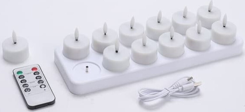 12 stk. oppladbare LED-telys uten flamme – med fjernkontroll og timer, batteridrevne lys for Halloween og festdekorasjon