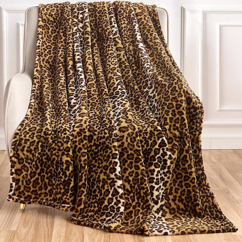 Fleecepledd med leopardtrykk for seng, sofa, reise og camping, supermykt og komfortabelt fluffy pledd (127 x 152 cm)