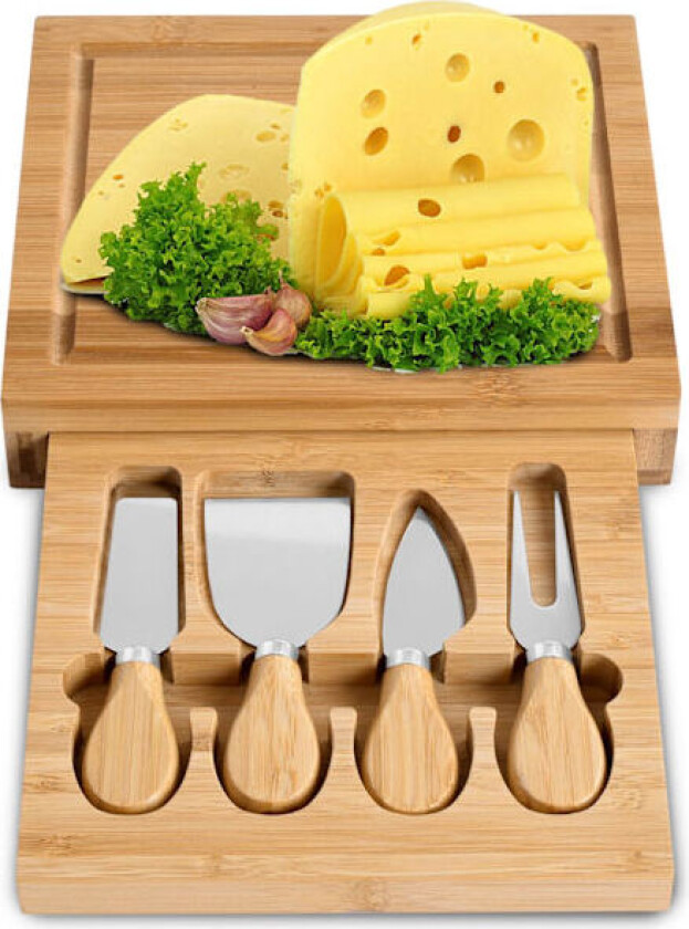 Ostebrett i bambus med kniver, 22 cm – naturlig finish