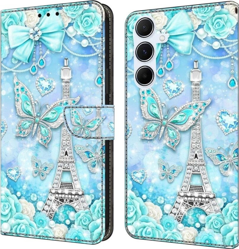 Samsung Galaxy S24 FE lommebokveske med mønstermønster som trykker på stativ, flip-telefondeksel i lær - Sommerfugl Kobolt Tårn