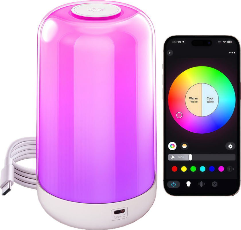 Oppladbar RGB+CCT LED bord/nattlampe - Bluetooth, Hvit, touch dimbar, IP20 innendørs - Dimbar : Dimbar, Kulør : RGB + CCT (Varm til Kald Hvit)