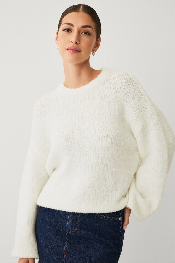 Strikket genser med ballongermer - Hvit