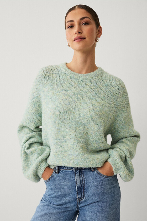 Strikket genser med ballongermer - Grønn