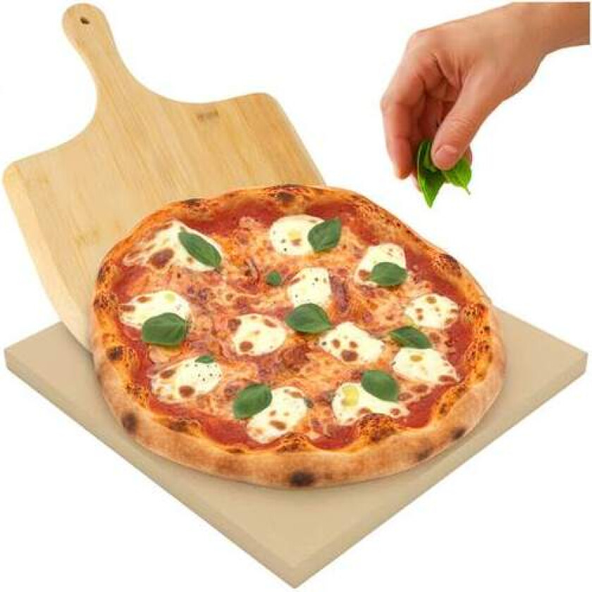 Pizzastein 38x36 cm med bambusspade – Cordierite