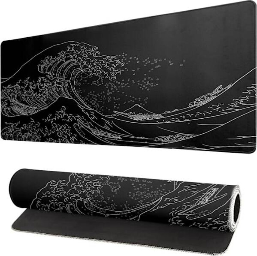 Stor Musematte med Havsbølge, Anime Svart Gaming, Forlenget Kanagawa Matte Skrivebordsunderlag, 3mm Tykk Lang Sklisikker Gummibase Musematte, 80 x 30 cm