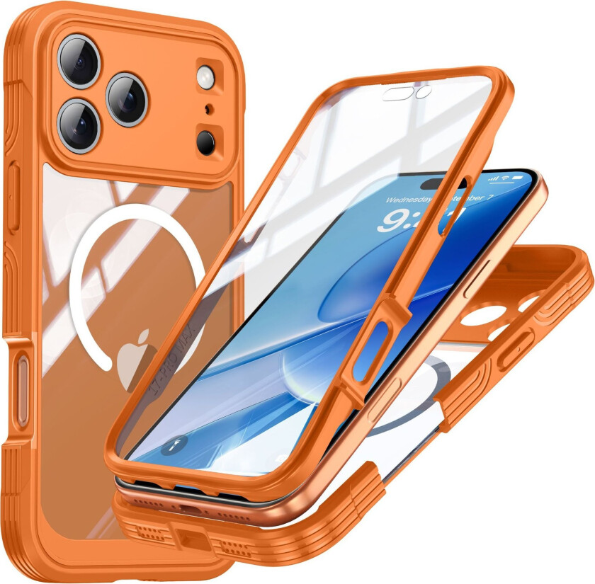 Oransje 9H herdet glass støtsikkert telefondeksel kompatibelt med iPhone 17 Pro, magnetisk trådløs lading