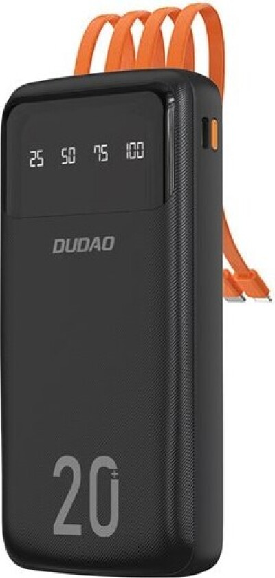 K6Pro+ 20000mAh powerbank med 3 kabler: USB-C, micro USB, Lightning, svart