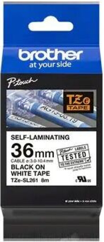 Tape 36mm Tze-sl261 Selvlaminert Svart/hvit