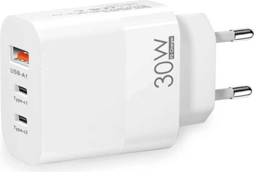 EU-plugg reiseadapterlader, europeisk veggadapter med 2 USB-C hurtigladeportar og 1 USB-A-port