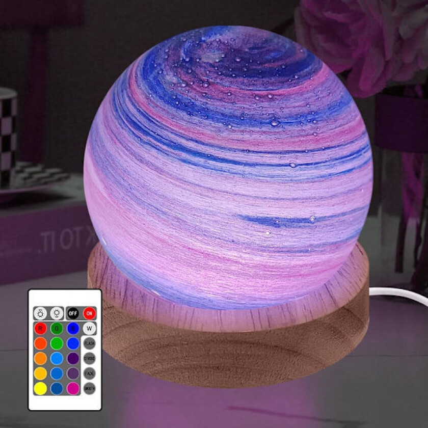 3D LED Planetlampe, Dimbar Nattlampe med RGB-Farger, Trebase for Soveromsdekorasjon (8cm) Svart_sai