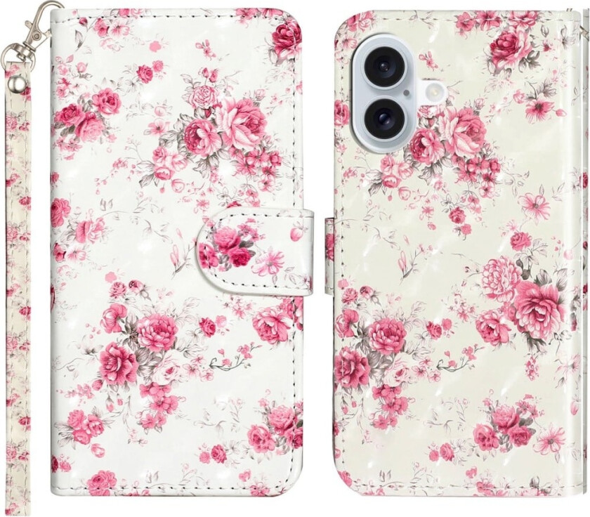 iPhone 16 lærveske Flip lommebok telefondeksel Magnetisk lås 3D-mønster trykt - Roser