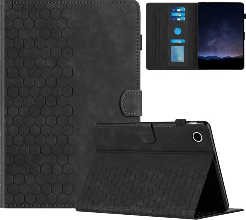 Samsung Galaxy Tab A9+-etui Honeycomb-trykt lærdeksel til nettbrett med kortspor - Svart