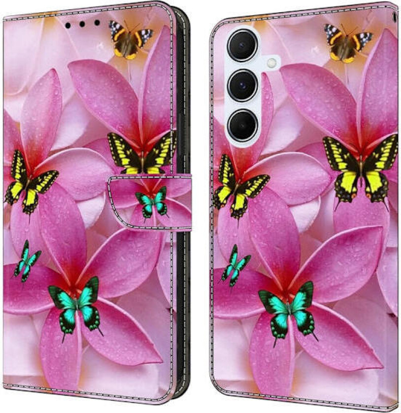 Samsung Galaxy A26 5G lommebokveske med mønstermønster som trykker på stativ, flip-telefondeksel i lær - Rosa Blomster Sommerfugl