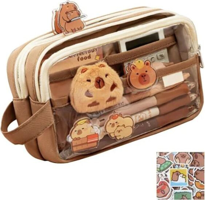 RY-Søtt pennal, transparent pennlomme, Kapibara pennal med stor kapasitet, flerlags søt transparent lomme med klistremerker