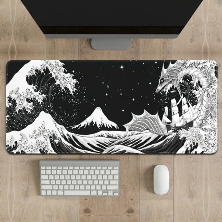 Svart og hvit japansk bølge sjødrage gaming musematte abstrakt svart matte 80x30 cm havbølge tekstur sklisikker gummibase
