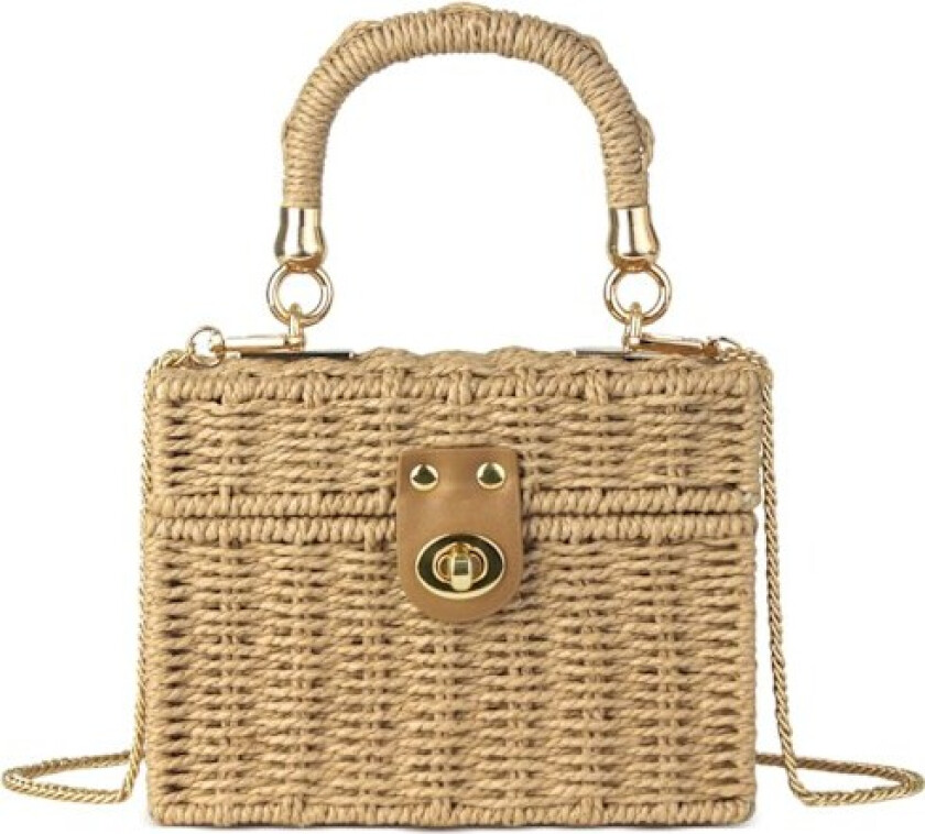 Håndlaget Vevd Rattanveske for Kvinner - Sommer Firkantet Kurv Strå Strand Crossbody Skulderveske, Brun
