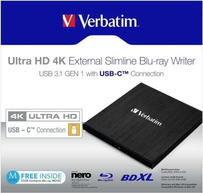 Ultra HD 4K - BDXL drive - SuperSpeed USB 3.1 Gen 1 - external - Bluray-BDRW (Brenner) - USB 3.1 - Svart