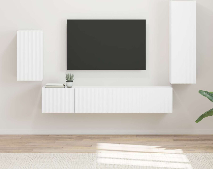 TV-benksett Veggmontert 3 pcs Hvit Konstruert tre