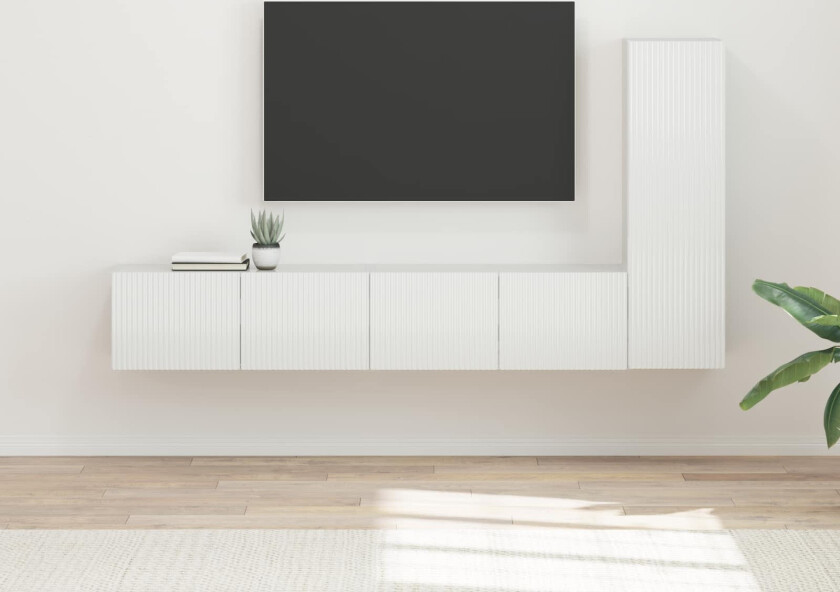 TV-benksett Veggmontert 2 pcs Høyglanset hvit Konstruert tre