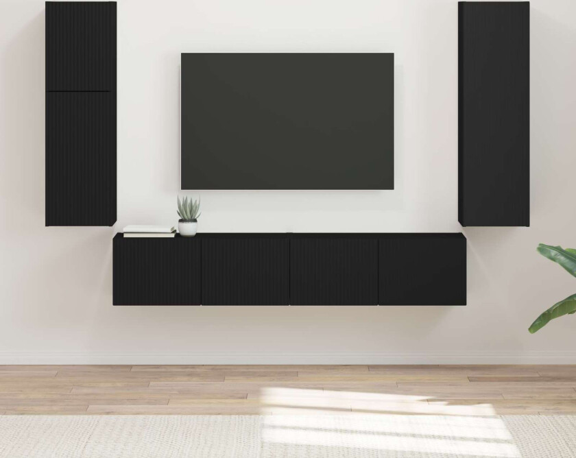 TV-benksett Veggmontert 4 pcs Svart Konstruert tre