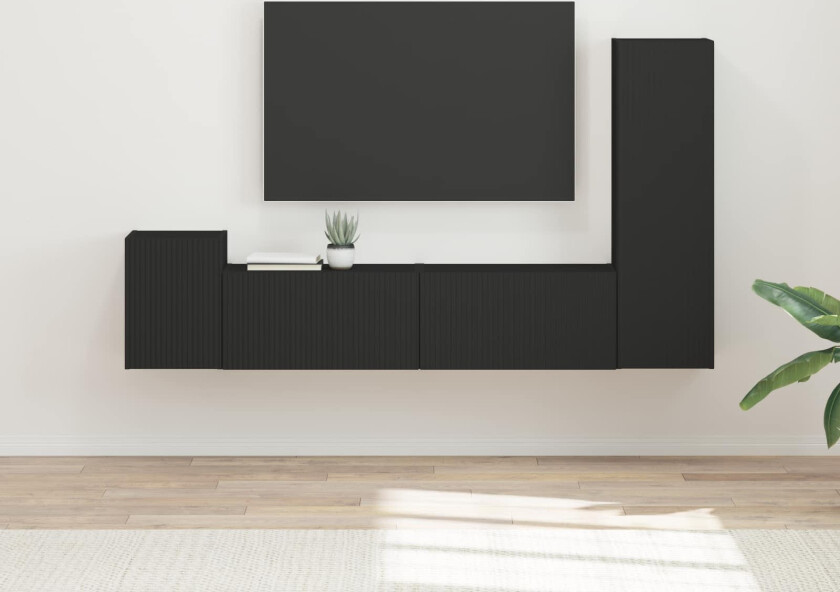 TV-benksett Veggmontert 4 pcs Svart Konstruert tre