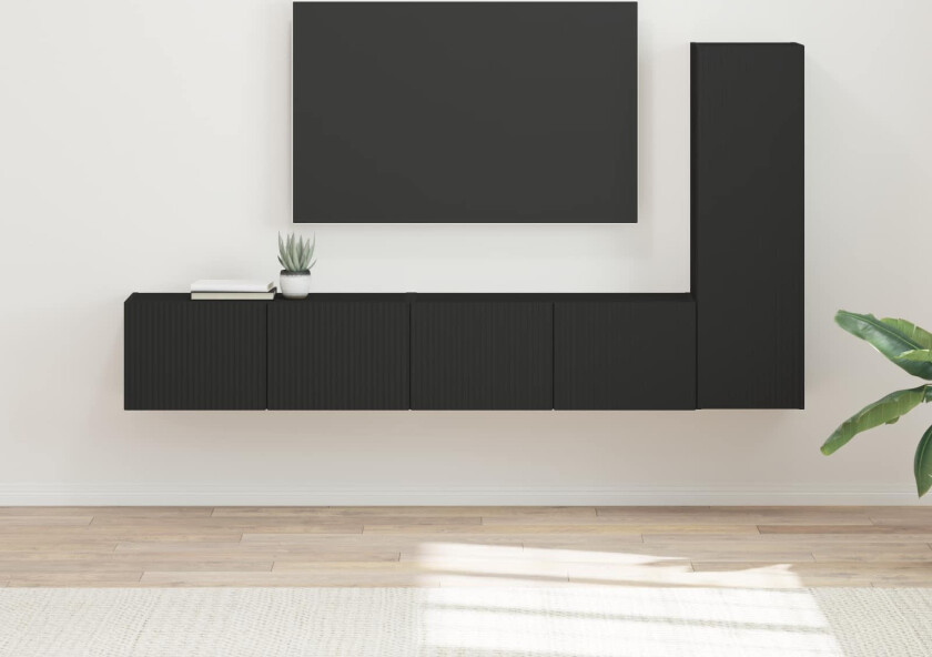 TV-benksett Veggmontert 2 pcs Svart Konstruert tre