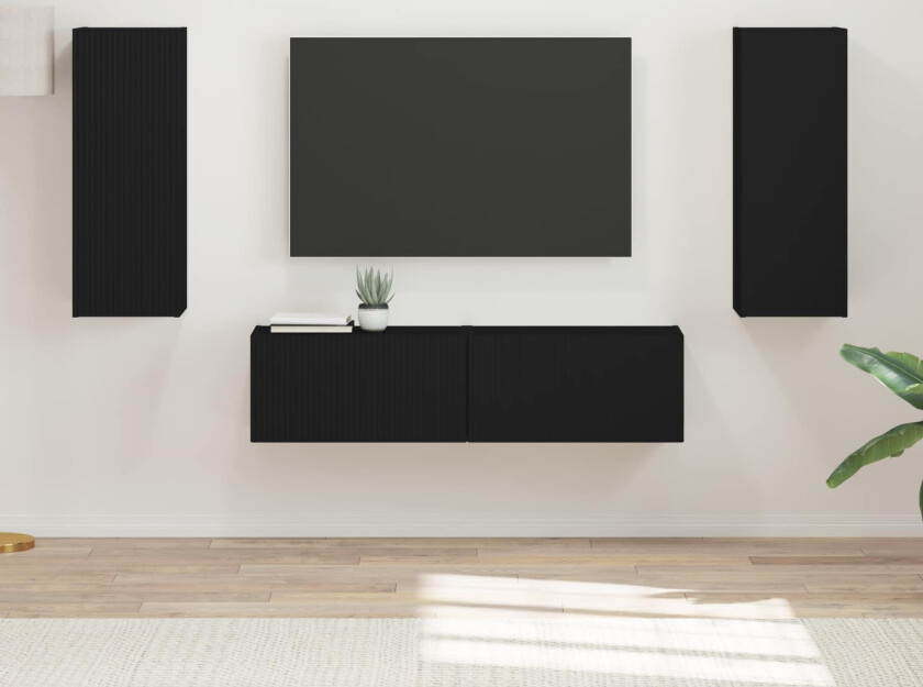 TV-benksett Veggmontert 2 pcs Svart Konstruert tre