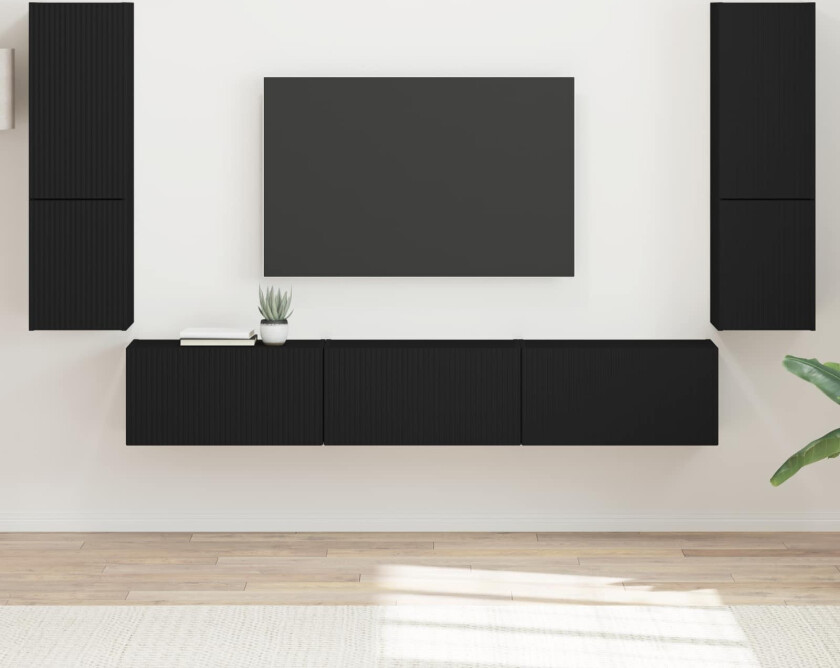 TV-benksett Veggmontert 4 pcs Svart Konstruert tre