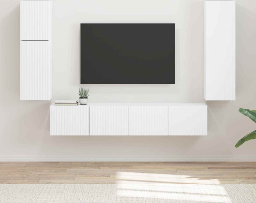 TV-benksett Veggmontert 4 pcs Hvit Konstruert tre