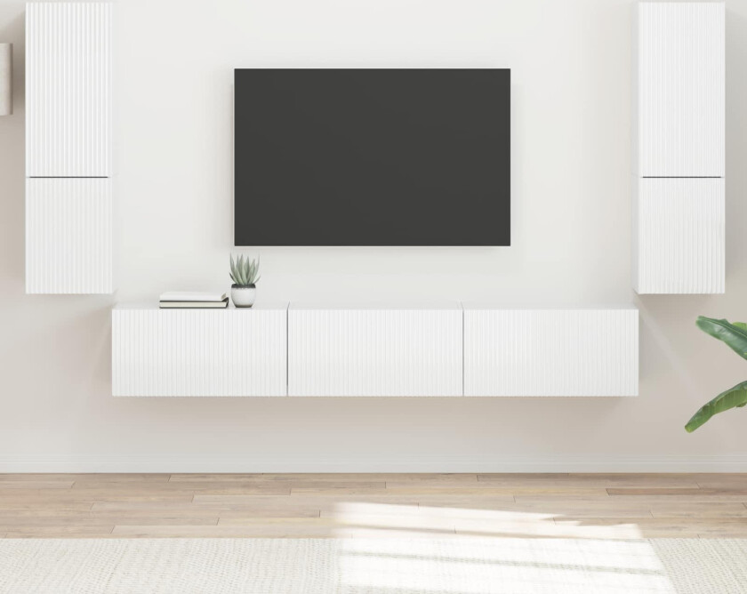 TV-benksett Veggmontert 4 pcs Høyglanset hvit Konstruert tre