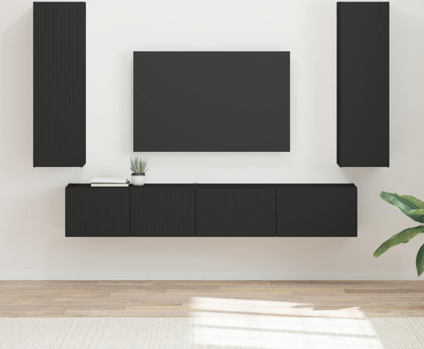 TV-benksett Veggmontert 3 pcs Svart Konstruert tre